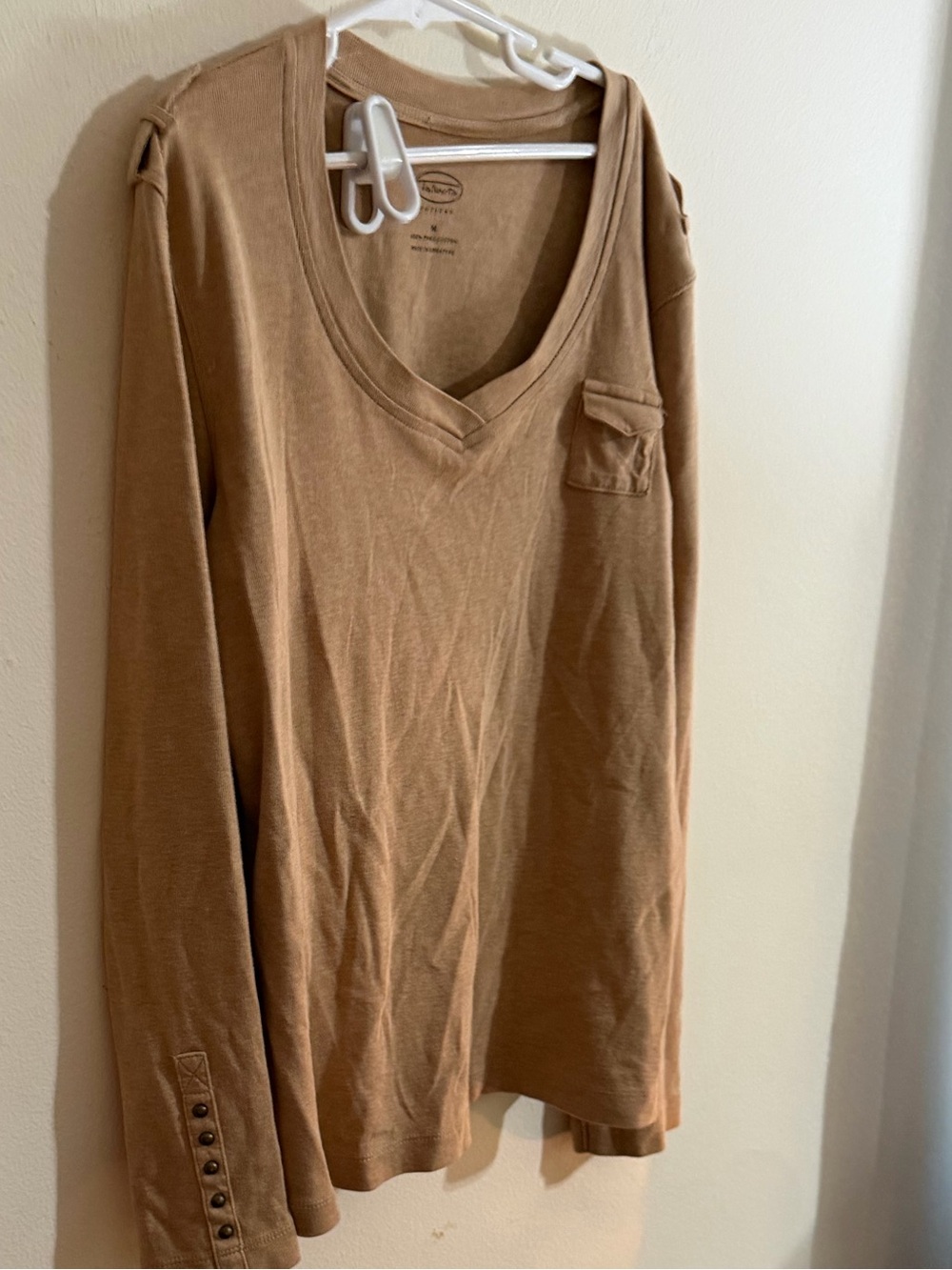Talbots Size Medium Petite Camel/Tan V-Neck Long Sleeve Top with Chest Pocket